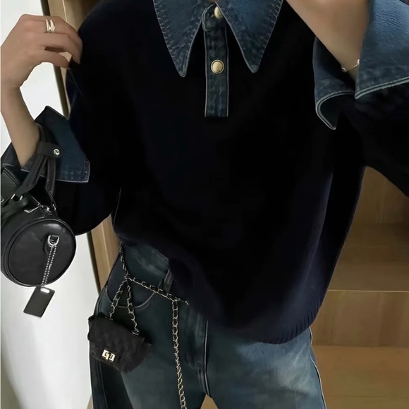 Navy Sweater with Denim Collar and Cuffs - Picture 4 of 5